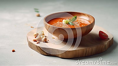 Gaspacho soup on round wooden tray over white marble tabletop. Generative AI Stock Photo