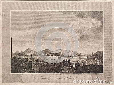 1818 Gaspard Duche de Vancy Wilson Lowry Engraving Lithograph Print Sketch Macau Landscape Portuguese Macao Vintage Antique Editorial Stock Photo