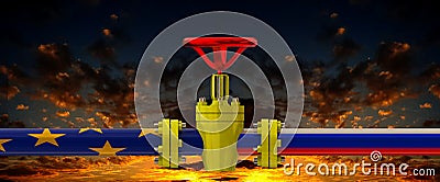 Gass pipe with valve russian and european union flags sanctions - 3d renderng Stock Photo