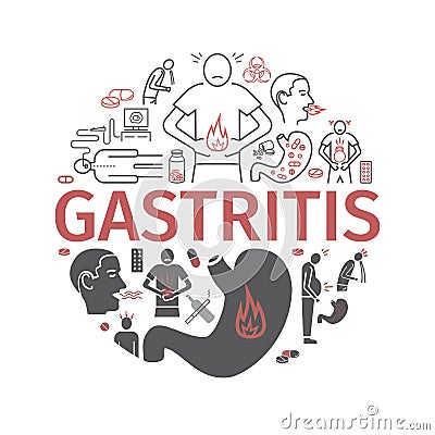 Gastritis banner. Heartburn, Symptoms, Treatment. Line icons set. Vector signs for web graphics. Vector Illustration