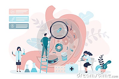 Gastroenterologist with magnifying glass examine stomach. Diseases of digestive system due to unhealthy food Vector Illustration