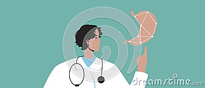 Gastroenterologist with stomach, flat vector stock illustration with modern technological gastro diagnostics Cartoon Illustration