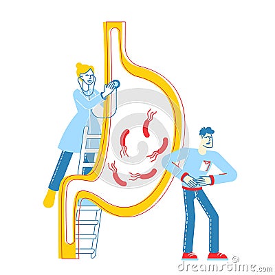 Gastroenterology Concept. Doctor Character Stand on Ladder at Huge Stomach. Patient at Feel Pain, Medic Study Vector Illustration