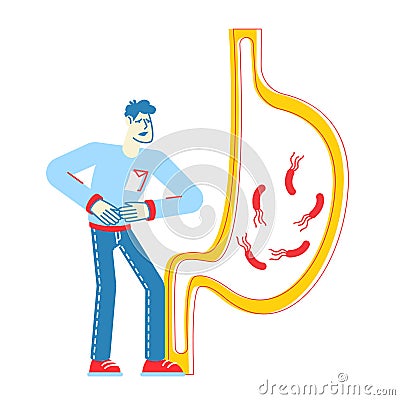 Gastroenterology Concept. Patient Character Touching Sick Belly Suffering of Stomach Ache causes Helicobacter Vector Illustration