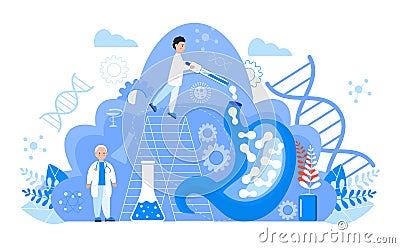 Gastroenterology concept vector. Stomach doctors examine, treat dysbiosis. Tiny gastroenterologist looks through magnifying glass Cartoon Illustration