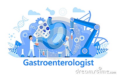 Gastroenterology concept vector. Stomach doctors examine, treat dysbiosis. Tiny gastroenterologist looks through magnifying glass Cartoon Illustration