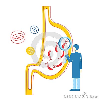 Gastroenterology, Health, Medicine and Healthcare Concept. Doctor Character with Huge Magnifying Glass Vector Illustration