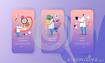 Gastroenterology Medicine Mobile App Page Onboard Screen Template. Tiny Doctor Character with Magnifying Glass Vector Illustration