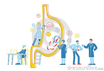 Gastroenterology Medics Characters at Huge Stomach. Man Suffer of Gastritis Stomachache and Helicobacter Disease Vector Illustration