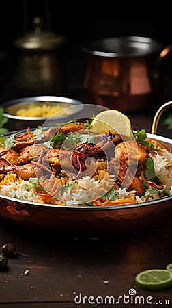 Gastronomic brilliance Vibrant dum chicken biriyani, a Kerala Thalassery specialty, showcased up close Stock Photo