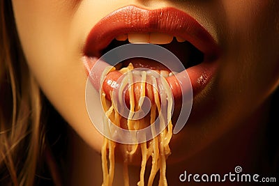 Gastronomic delight: close up of female's mouth with spaghetti Stock Photo