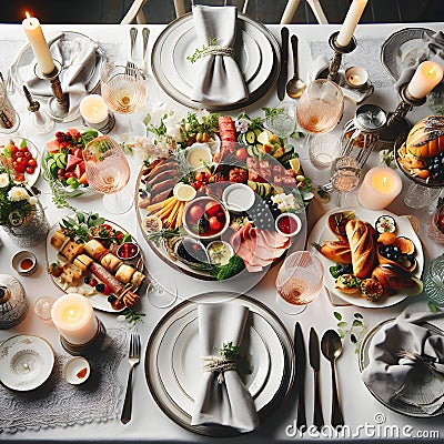 Gastronomic Delight: A Sumptuous Lunch Spread on a Table. Stock Photo