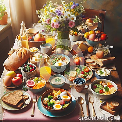 Gastronomic Delight: A Sumptuous Lunch Spread on a Table. Stock Photo