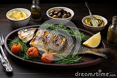 Gastronomic excellence Grilled Dorade Royale fish with fresh vegetables Stock Photo