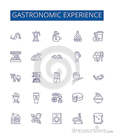 Gastronomic experience line icons signs set. Design collection of Cuisine, Epicurean, Delightful, Palatable, Savory Vector Illustration