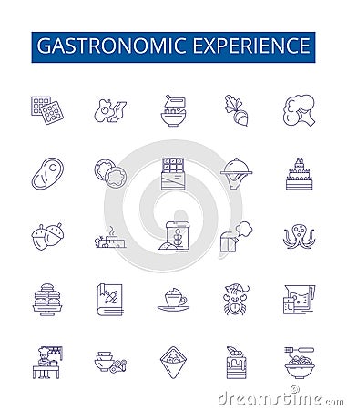 Gastronomic experience line icons signs set. Design collection of Cuisine, Epicurean, Delightful, Palatable, Savory Vector Illustration