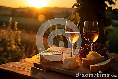 Gastronomic still life with glasses of wine on wooden table in setting sun outdoors Stock Photo