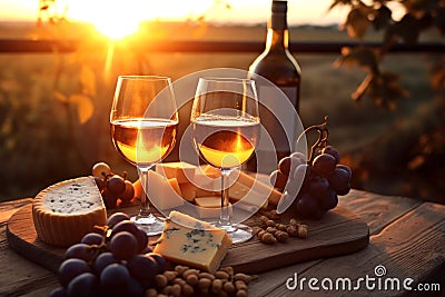 Gastronomic still life with glasses of wine on wooden table in setting sun outdoors. Generative ai Stock Photo