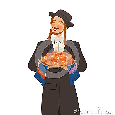 Gastronomic Tourism with Man Character with Side Curls Holding Authentic Jewish Challah Bread with Sesame Seed Vector Vector Illustration