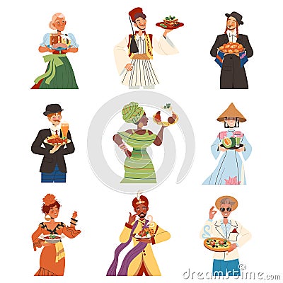 Gastronomic Tourism with People Character Holding Authentic Dish of Native Cuisine Vector Illustration Set Stock Photo