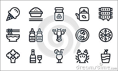 gastronomy line icons. linear set. quality vector line set such as ice cream, cocktail, broccoli, crab, wine, noodles, mushroom, Vector Illustration