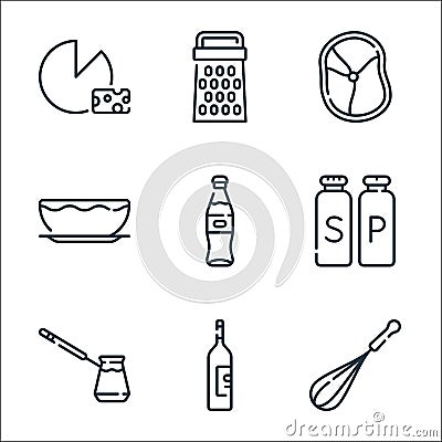 gastronomy line icons. linear set. quality vector line set such as whisk, wine bottle, coffee pot, salt and pepper, soda, bowl, Vector Illustration