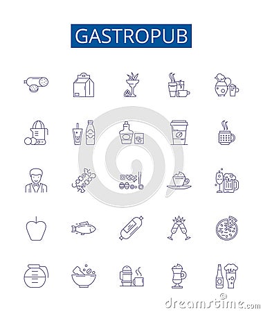 Gastropub line icons signs set. Design collection of Pub, Gastro, Drink, Kitchen, Restaurant, Food, Beer, Wine outline Vector Illustration