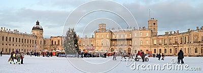 Gatchina, Russia - January 2, 2017: Gatchina Palace, New Year`s Fair on the parade ground. Editorial Stock Photo