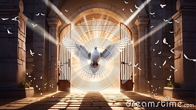 Gate with beams of light coming through it and white dove, conceptual illustraion for divine spirit Stock Photo