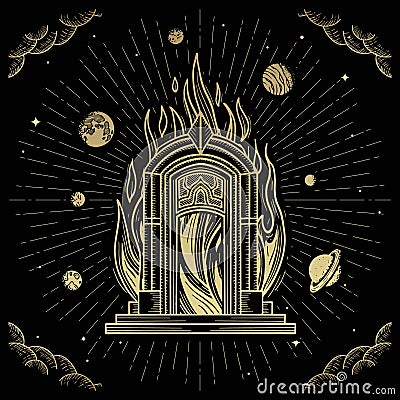Gate of cosmic which has a burning fire Vector Illustration