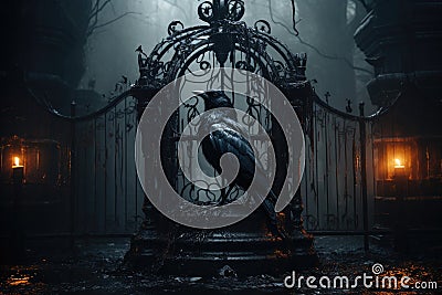 Gate with crow background. scary cemetery gate. Generative AI Stock Photo