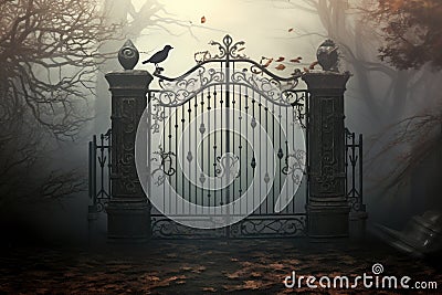 Gate with crow background. scary cemetery gate. Generative AI Stock Photo