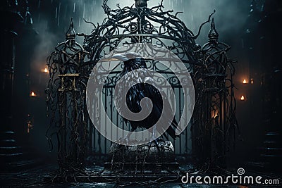 Gate with crow background. scary cemetery gate. Generative AI Stock Photo