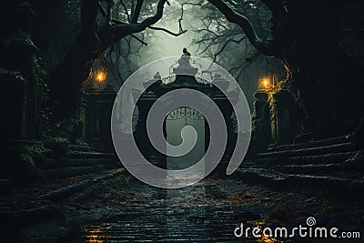 Gate with crow background. scary cemetery gate. Generative AI Stock Photo