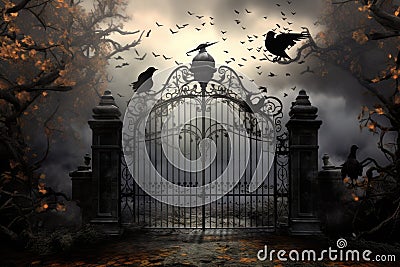 Gate with crow background. scary cemetery gate. Generative AI Stock Photo