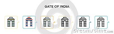 Gate of india vector icon in 6 different modern styles. Black, two colored gate of india icons designed in filled, outline, line Vector Illustration