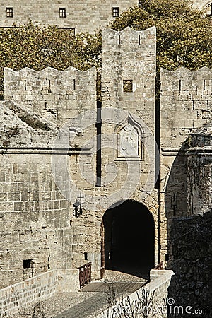 The gate of the medieval Castle of the Knights Stock Photo