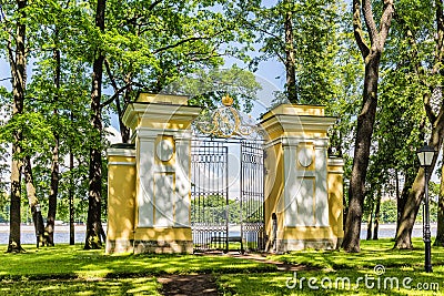 Gate in the Palace Garden of the Kamennoostrovsky Palace on Kamenny Island in St. Petersburg Stock Photo