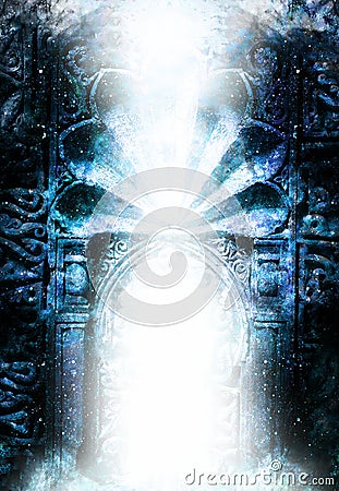 Gate portal entrance with ornamental structure in cosmic surroundings. Winter effect. Stock Photo