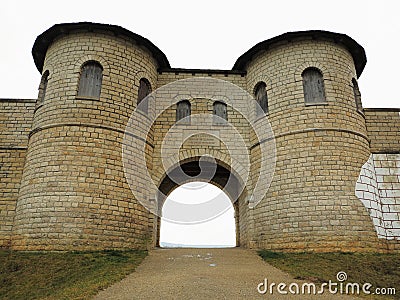 Reconstructed Roman gateway with watchtowers Stock Photo