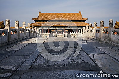 The gate of supreme harmony in Forbidden City opens all the three doors Editorial Stock Photo