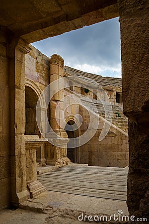 Gate to Roman amphitheater in Jerash Stock Photo