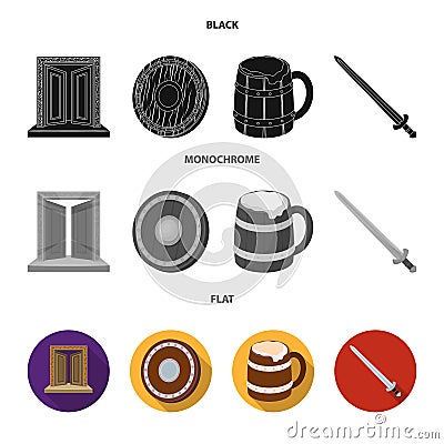 A gate to the treasure, a shield for protection, a mug with a bra, a sword. Vikings set collection icons in black, flat Vector Illustration