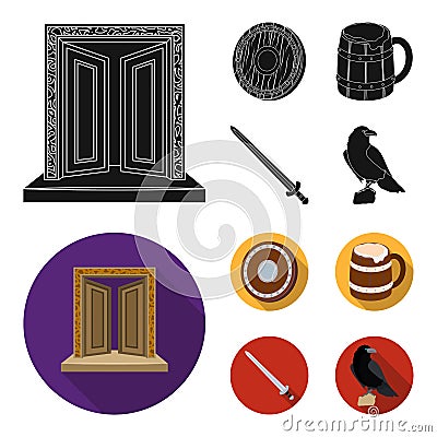 A gate to the treasure, a shield for protection, a mug with a bra, a sword. Vikings set collection icons in black,flat Vector Illustration