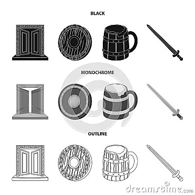 A gate to the treasure, a shield for protection, a mug with a bra, a sword. Vikings set collection icons in black Vector Illustration