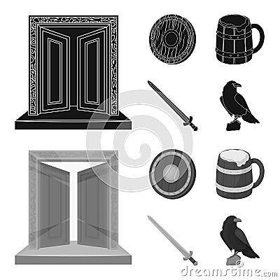 A gate to the treasure, a shield for protection, a mug with a bra, a sword. Vikings set collection icons in black Vector Illustration