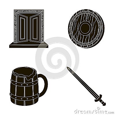 A gate to the treasure, a shield for protection, a mug with a bra, a sword. Vikings set collection icons in black style Vector Illustration