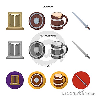 A gate to the treasure, a shield for protection, a mug with a bra, a sword. Vikings set collection icons in cartoon,flat Vector Illustration