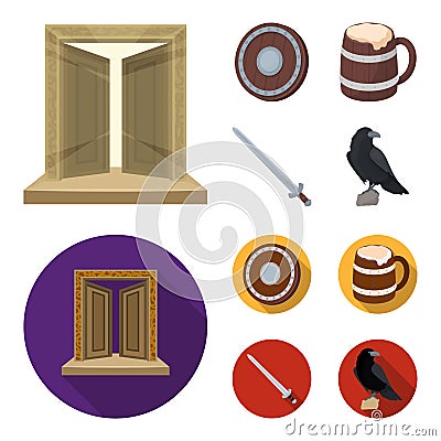 A gate to the treasure, a shield for protection, a mug with a bra, a sword. Vikings set collection icons in cartoon,flat Vector Illustration