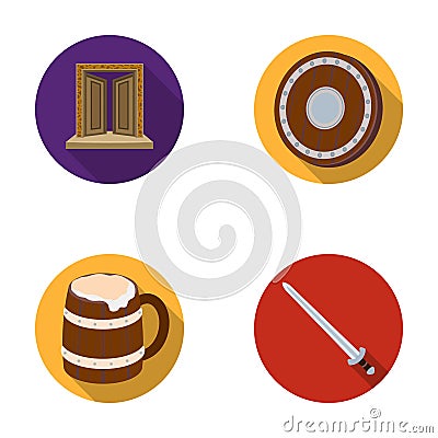 A gate to the treasure, a shield for protection, a mug with a bra, a sword. Vikings set collection icons in flat style Vector Illustration